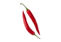Two red hot chili peppers isolated on white background. Top view. Close-up Royalty Free Stock Photo
