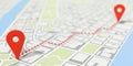 Two red location markers and route on abstract flat city map background, travel, navigation, route finding or gps location concept