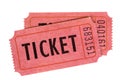 Two red movie or raffle tickets isolated white background