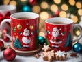 Two Red Mugs With Santa Clauss On Them. Generative AI