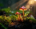 two red mushrooms in the forest with sunlight shining on them Royalty Free Stock Photo