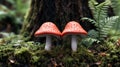 Two red mushrooms sitting on top of a lush green forest, AI Royalty Free Stock Photo