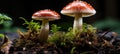 Two red mushrooms are standing on top of a pile of moss, AI Royalty Free Stock Photo