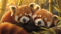 Two red pandas cuddling among bamboo. Royalty Free Stock Photo