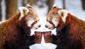 Two red pandas drink coffee in winter.