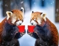 Two red pandas drink coffee in winter.
