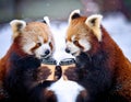 Two red pandas drink coffee in winter.