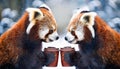 Two red pandas drink coffee in winter.