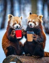 Two red pandas drink coffee in winter.