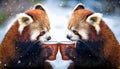 Two red pandas drink coffee in winter.