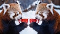 Two red pandas drink coffee in winter.