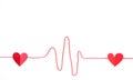 Two red paper hearts placed on the thread line rate wave for Valentine`s Day on white background Royalty Free Stock Photo