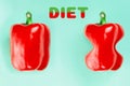 Two red paprika peppers on a turquoise background. The Inscription Diet. The concept of diet and weight loss, before and after Royalty Free Stock Photo