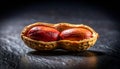 Two red peanuts in an open shell on a dark surface Royalty Free Stock Photo