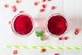 Two red pomegranate beverages with sugar decoration