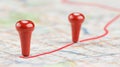 Two Red Push Pins and a Marked Route on a City Map. Navigation, Planning, and Destination Concept.