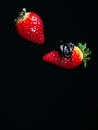 Two red ripe strawberries in chocolate on a black background falling Royalty Free Stock Photo