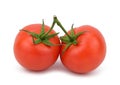 Two red ripe tomatoes tied together by a green stalk