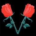 Two red roses form the letter V on a black background