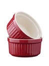 Two red round empty porcelain ramekin on a white background