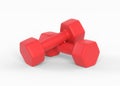 Two red rubber or plastic coated fitness dumbbells isolated on white background