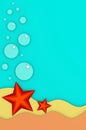 Two red sea stars on sandy bottom of the sea underwater world with bubbles 3D illustration