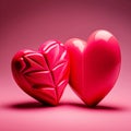 Two red shiny glossy hearts with decorative ornaments on a pink background. Generative AI, generative artificial intelligence