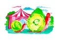 Two red snails with a green shell crawl in the forest past the circus. Comic watercolor illustration isolated on white background