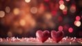Two red sparkling hearts against the mysterious festive background with bokeh effect. Concept of Valentine's Day Royalty Free Stock Photo