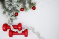 Two red sports dumbbells and Christmas tree with snowflakes and red balls, white measuring tape on white background with copy Royalty Free Stock Photo
