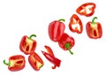 flying red sweet bell peppers isolated on white background. clipping path Royalty Free Stock Photo