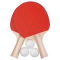 Two red table tennis rackets and three white balls, set for playing ping pong, on a white background Royalty Free Stock Photo