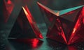 Two red triangular sculptures with reflective surfaces are arranged diagonally on dark surface, creating