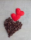 Two red valentine hearts and coffee heart Royalty Free Stock Photo