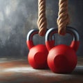 Two red weights suspended on ropes. Royalty Free Stock Photo