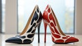 Two red and white high heels with flames on them. Generative AI image. Royalty Free Stock Photo
