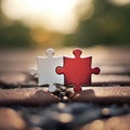 Two red and white puzzle pieces on a brick path, AI