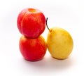 Two red-yellow apples and one pear on a white background Royalty Free Stock Photo