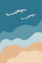 Two reef sharks swimming near sea shore on abstract seascape background, sand, water