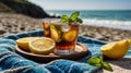 Refreshing Iced Tea with Lemon and Mint on Beach Towel Summer Holiday Royalty Free Stock Photo