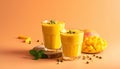 Two refreshing mango lassi drinks with fresh mango and mint leaves on a peach background Royalty Free Stock Photo