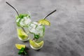 Two refreshing mojito cocktails with eco-friendly cocktails and ice. Summer drinks