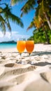 Two refreshing orange drinks sit on a sandy beach beside palm trees and the ocean Royalty Free Stock Photo