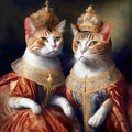 Two regal antropomorphic cats in luxurious clothes and tiaras