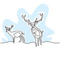 Two reindeer continuous one line drawing. Two deers in the forest minimalist design isolated on white background. Winter animal Royalty Free Stock Photo