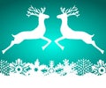 Two reindeer jump to each other on a blue background with snowfl