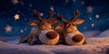 Two reindeer toys sleeping in the snow under a starry night sky Royalty Free Stock Photo