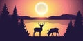 Two reindeers by the lake at night with full moon and starry sky nature landscape Royalty Free Stock Photo