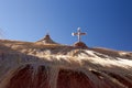 Detail of two religious crosses on top of. Taken during springtime at Village of Machuca at Los Flamencos national reserve in Royalty Free Stock Photo