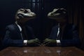 two reptile men in business suits sitting at the table in dark room, secret world government concept